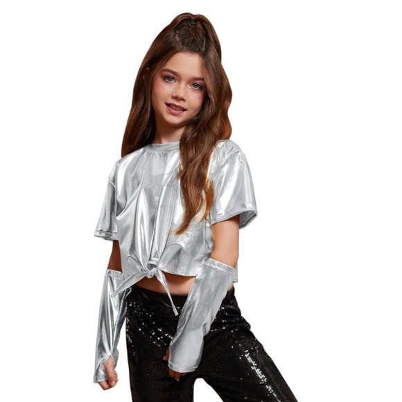 Girls Metallic Shiny Tie Front Knot Crop Top W/Arm Sleeves for Dancing, 12-13 yr - Picture 1 of 11